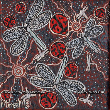 Ancestral Lady Beetle with Dragonfly Framed Canvas Print by Mirree Contemporary Aboriginal Art